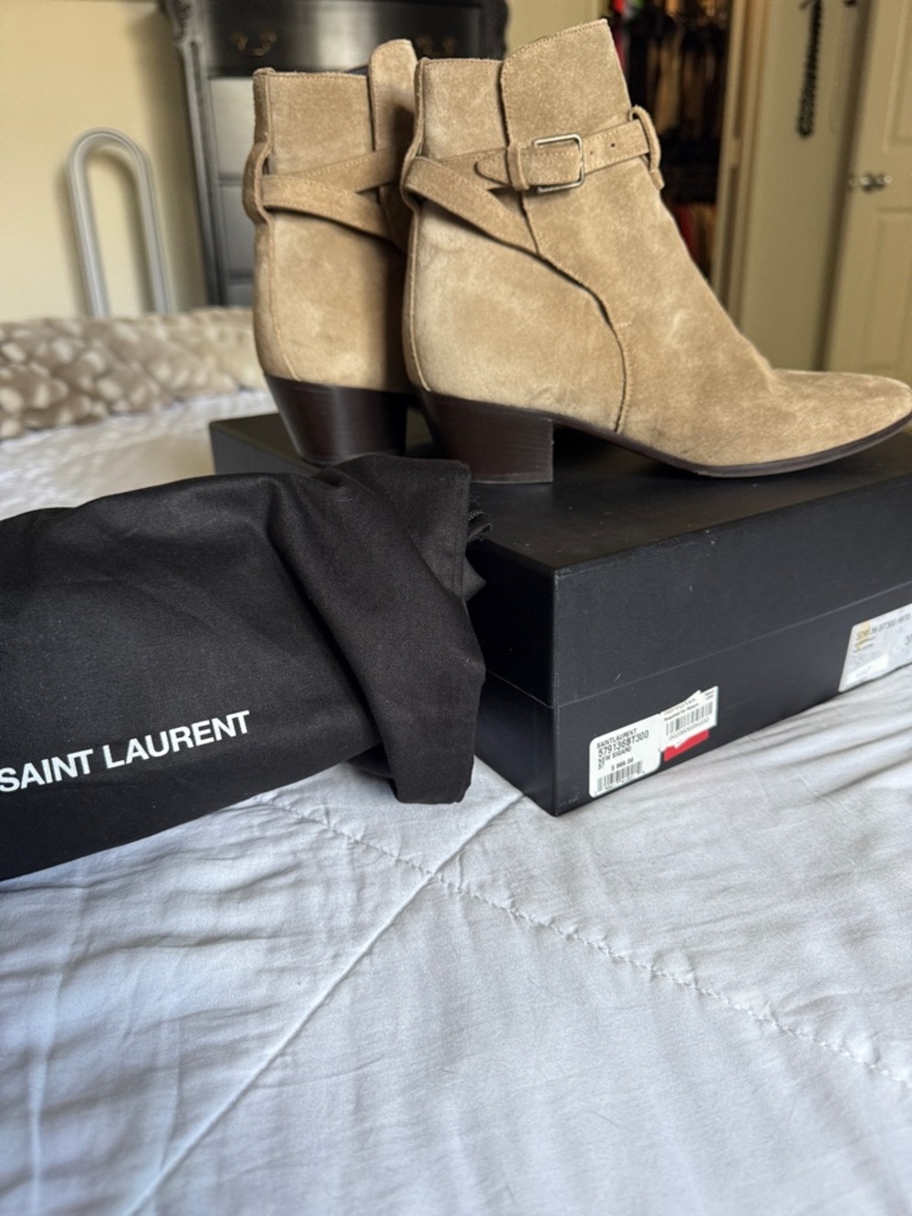 Saint Laurent Taupe Suede Ankle Boots with Buckle Strap - Picture 15 of 15
